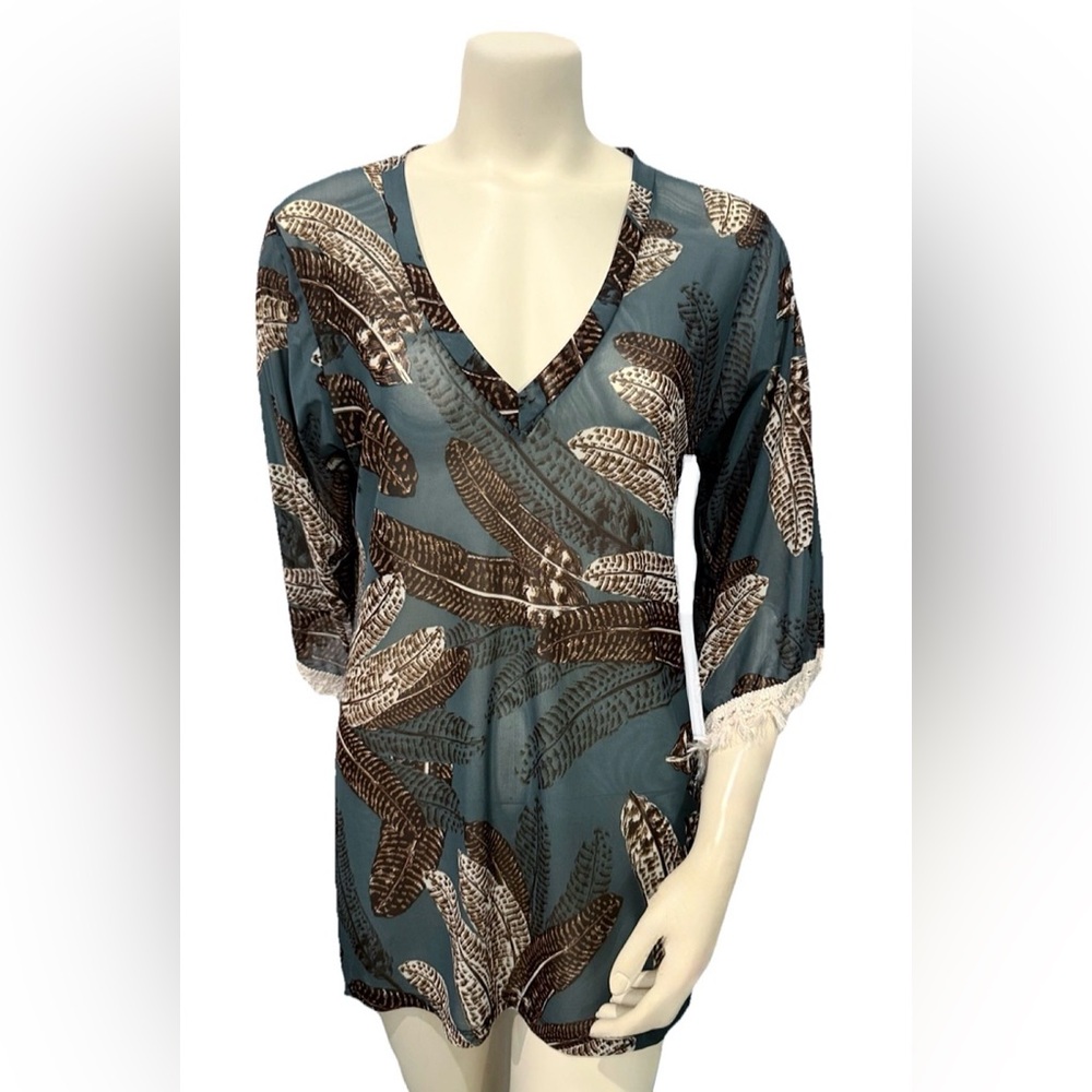 Latarte Teal Tropical Tunic Cover Up Size S Boho Resort Fringe